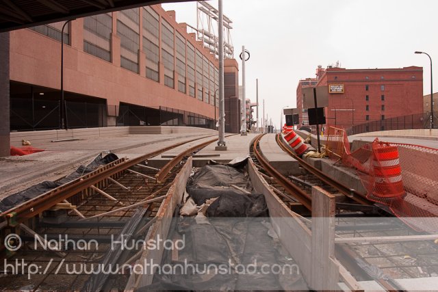 Construction on the Hiawatha LRT extension to Target Field.